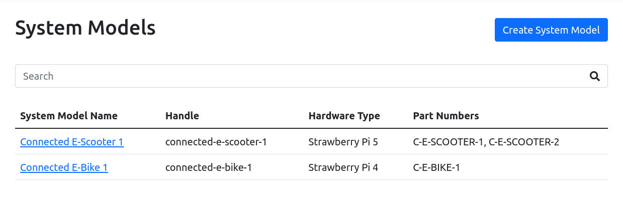 System Model List Screenshot